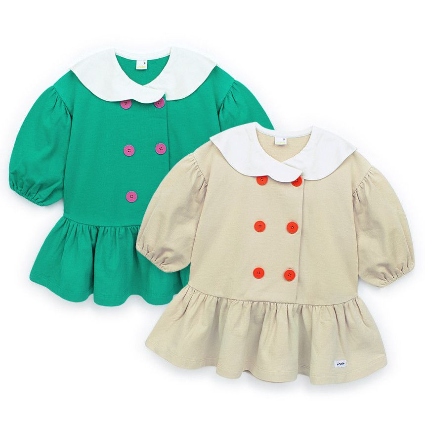 韓國 Pimpollo - 雲朵翻領鈕扣波浪洋裝-綠