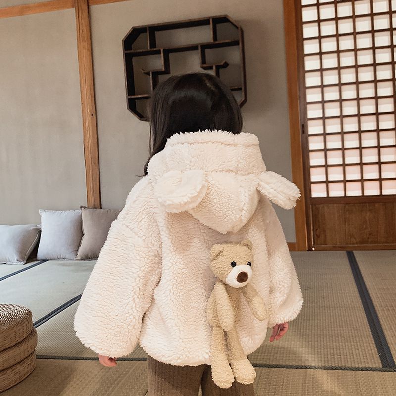 加厚連帽羊羔絨兒童造型外套-熊熊耳朵-米白色