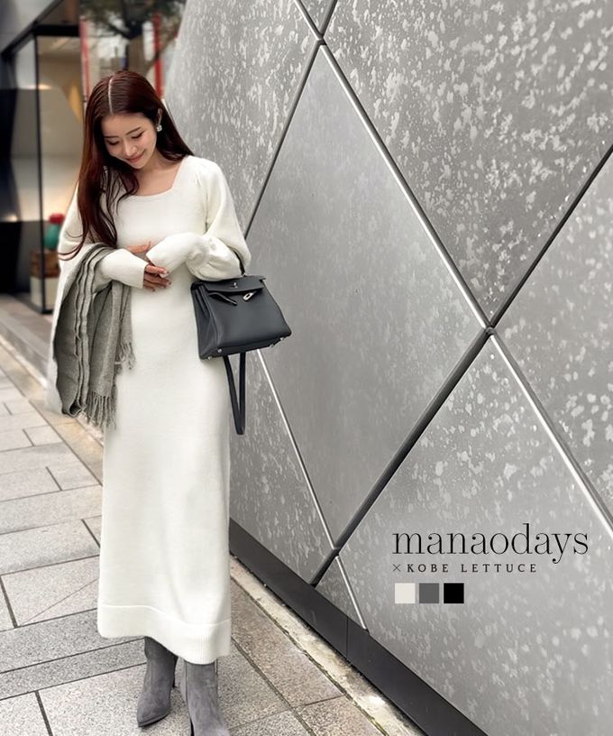 日本 Kobe Lettuce - 俏麗方領針織束口長袖洋裝(可選長度)-黑
