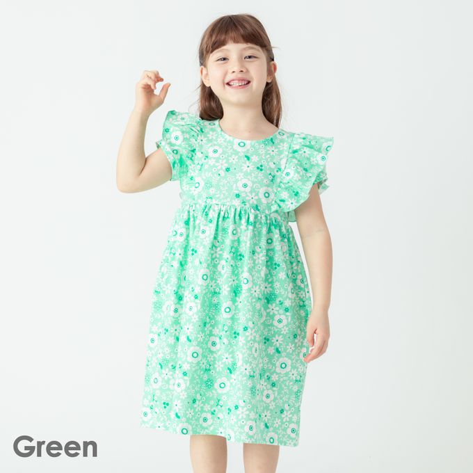 日本 evercloset - 少女花卉雙層荷葉袖洋裝-粉紅