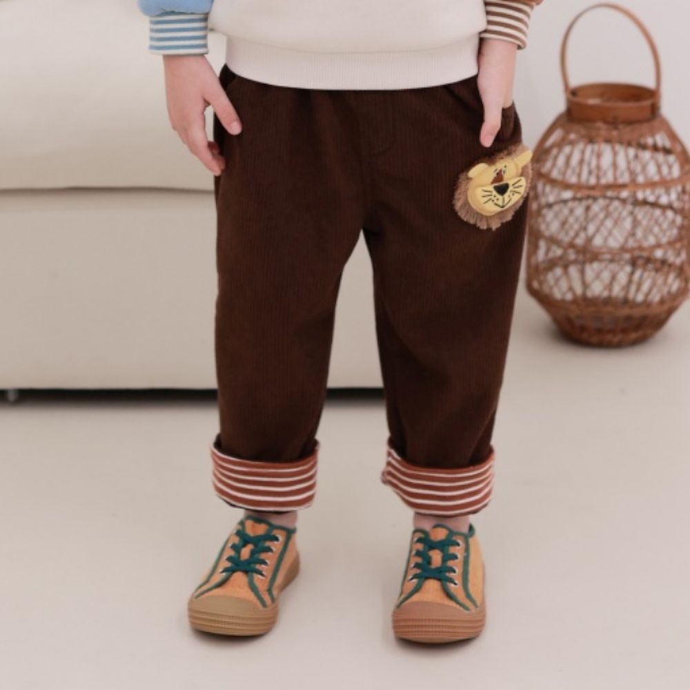 Coco rabbit 鬆緊腰條紋點綴休閒長褲-立體獅子-咖啡