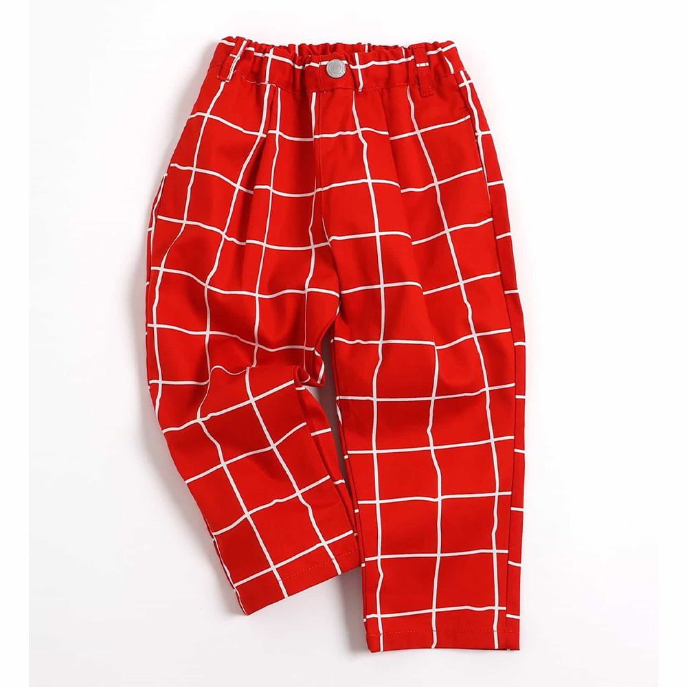 100%棉 百搭繽紛廚師褲-格子-耀眼紅