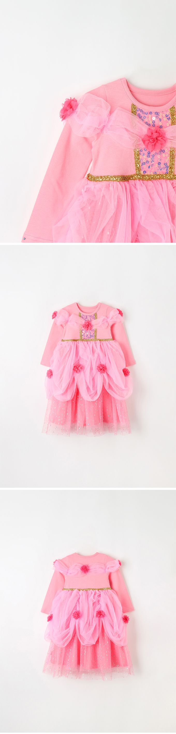 韓國 OZKIZ - (附配飾)花朵層次裝飾公主網紗洋裝-粉