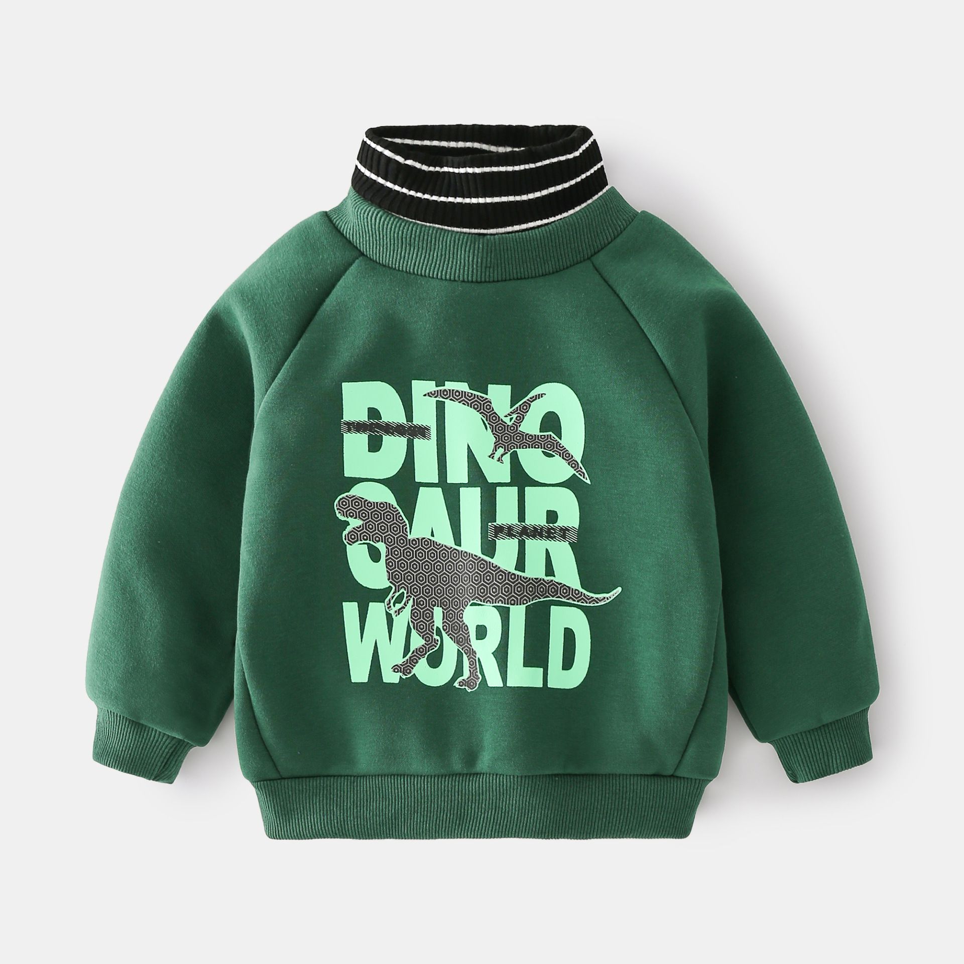 WELLKIDS - 假兩件高領長袖休閒上衣-字母暴龍-綠色