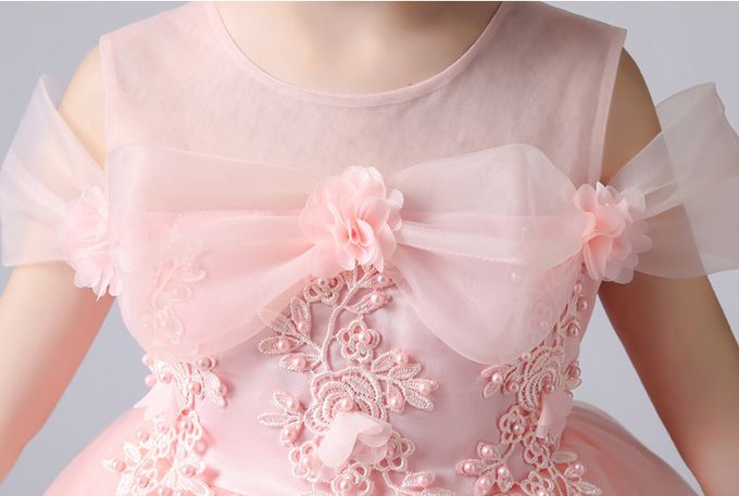 蝴蝶落肩袖網紗花朵小禮服-白色