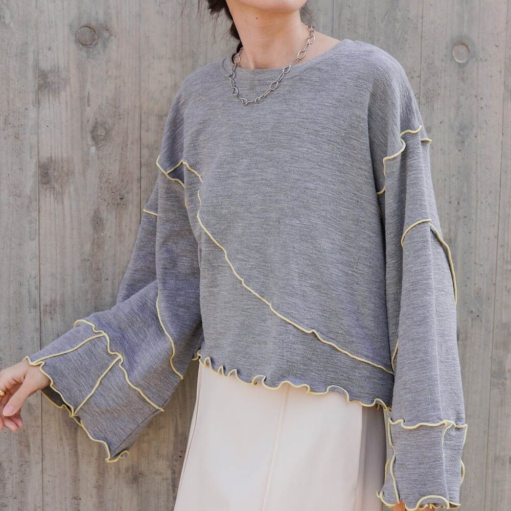 活力跳色感木耳邊大寬袖上衣-灰x淺黃