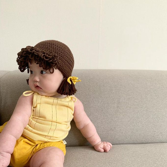 Vanibaby - 女寶寶假髮毛線帽(3-12M 帽圍40-46cm)-假辮子劉海款