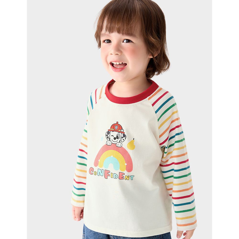 卡通汪汪隊拼色長袖上衣-卡通人物毛毛-彩虹條紋