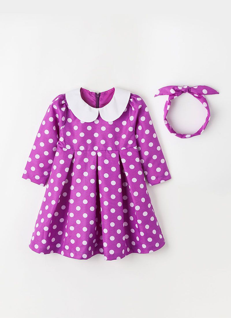 韓國 OZKIZ - (附髮帶)復古點點打褶洋裝-紫