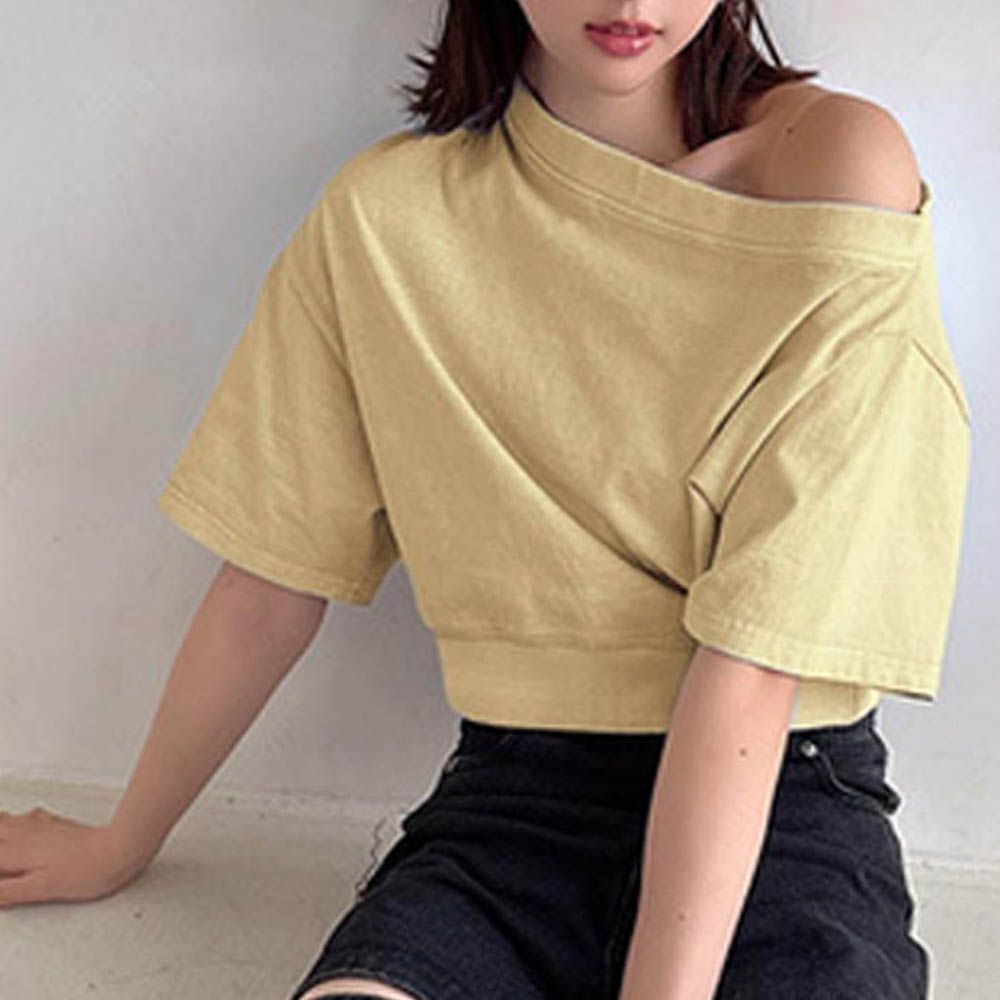 一字領時尚短版露肩上衣-淺黃 (F)