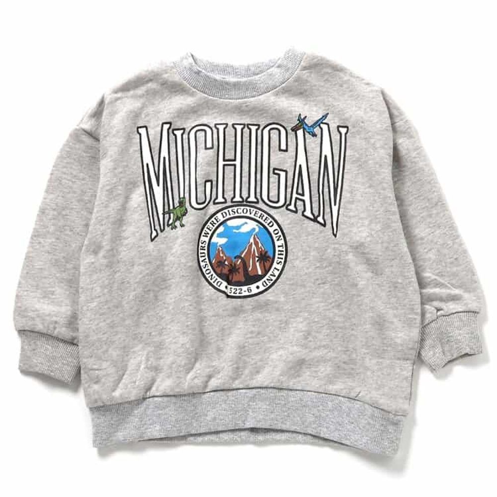 學院風印花縮口長袖上衣-MICHIGAN-淺灰