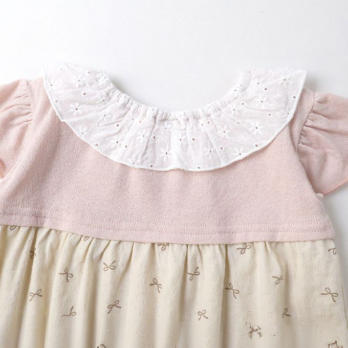 日本 ZOOLAND - 貝殼蕾絲領緹花短袖上衣-蝴蝶結印花-粉紅