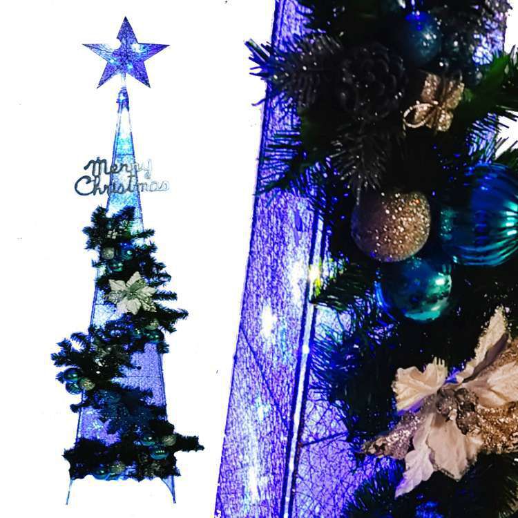 MODACore 摩達客 - 耶誕-6尺/6呎(180cm)豪華夢幻冰雪藍銀系聖誕裝飾四角樹塔+LED100燈插電式燈串(藍白光)附控制器