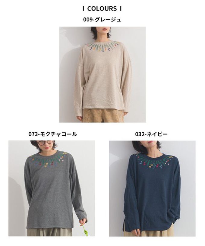 日本 Lupilien - 彩色刺繡花卉領裏毛長袖上衣-海軍藍