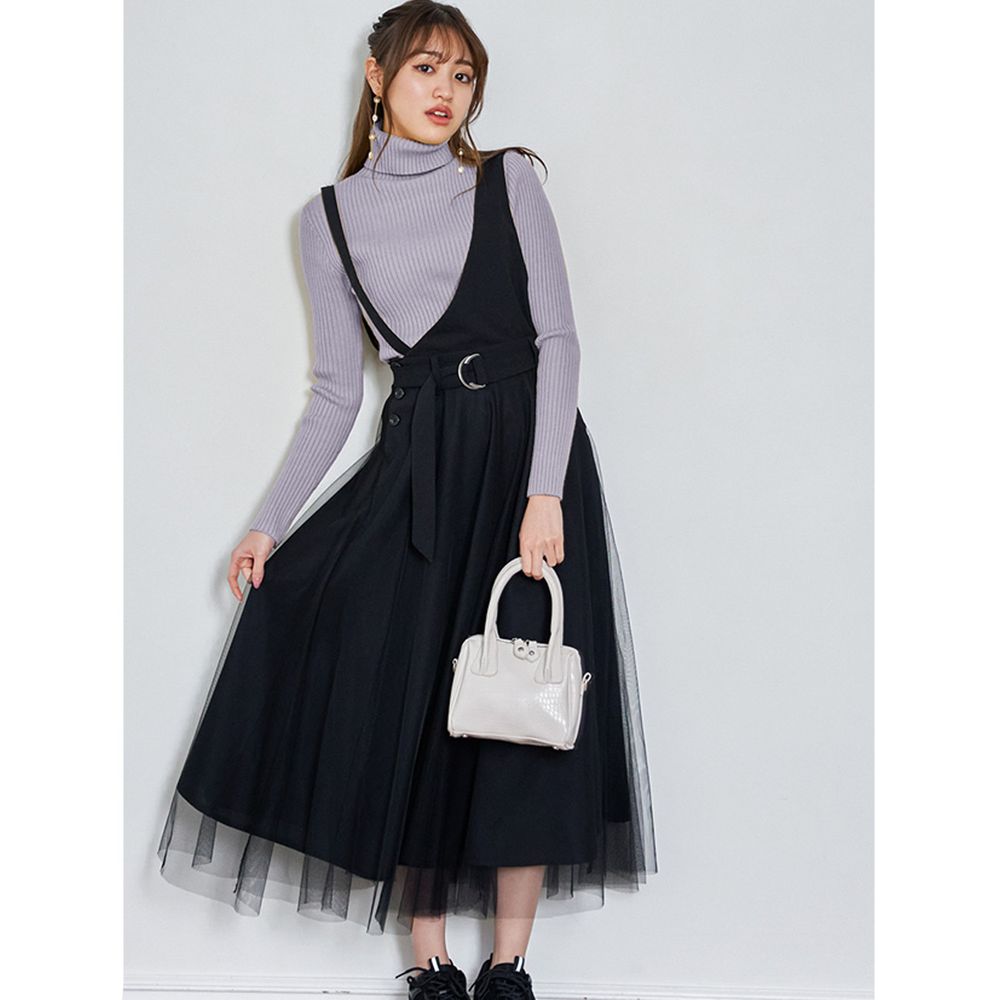 日本 GRL - 設計感斜肩吊帶紗裙-時尚黑