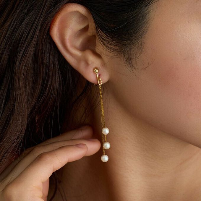 日本 Melody Accessory - 日本製 搖曳三珍珠垂墜感耳環-銀