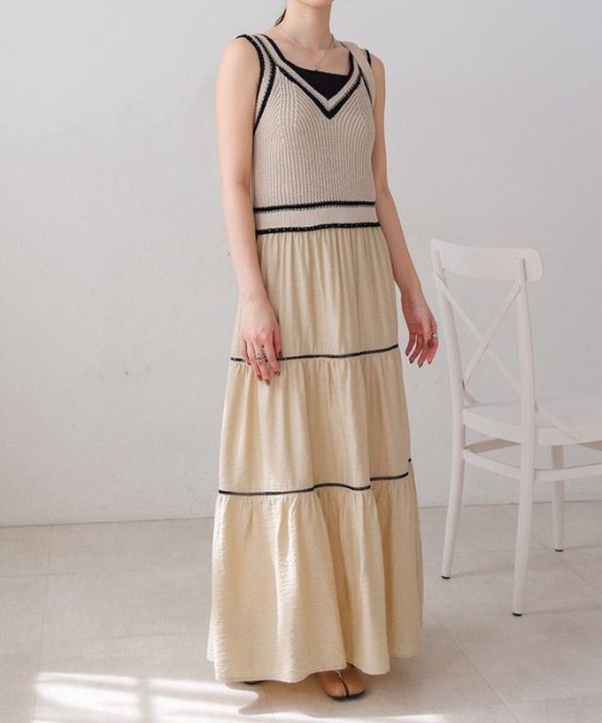 日本 Bab - 純棉針織拼接渡假風無袖洋裝-淺米杏