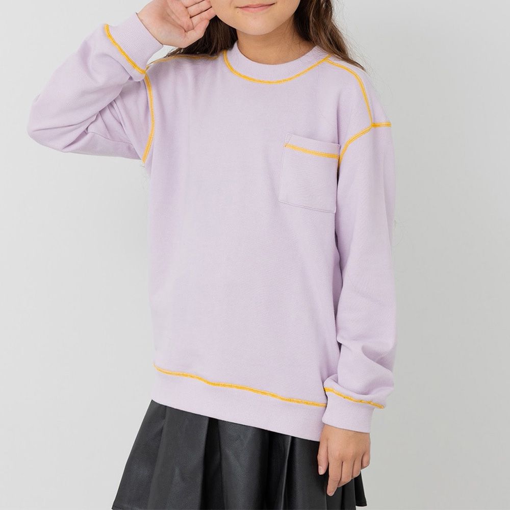 配色縫線簡約裏毛長袖上衣-紫x黃線