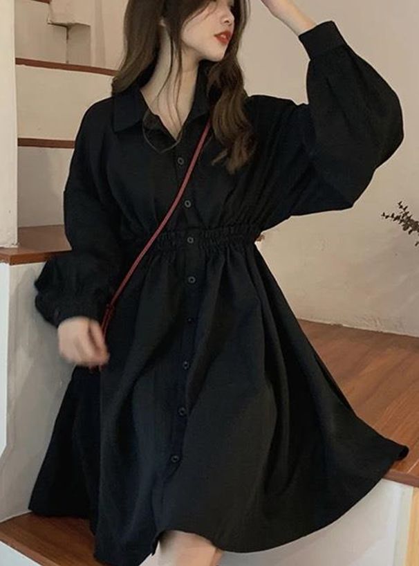 日本 GRL - 甜美翻領縮腰泡泡袖洋裝-黑