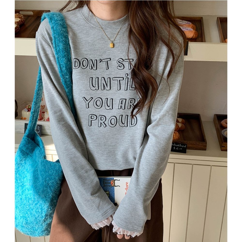 字母印花蕾絲花邊點綴長袖上衣-淺灰 (F)