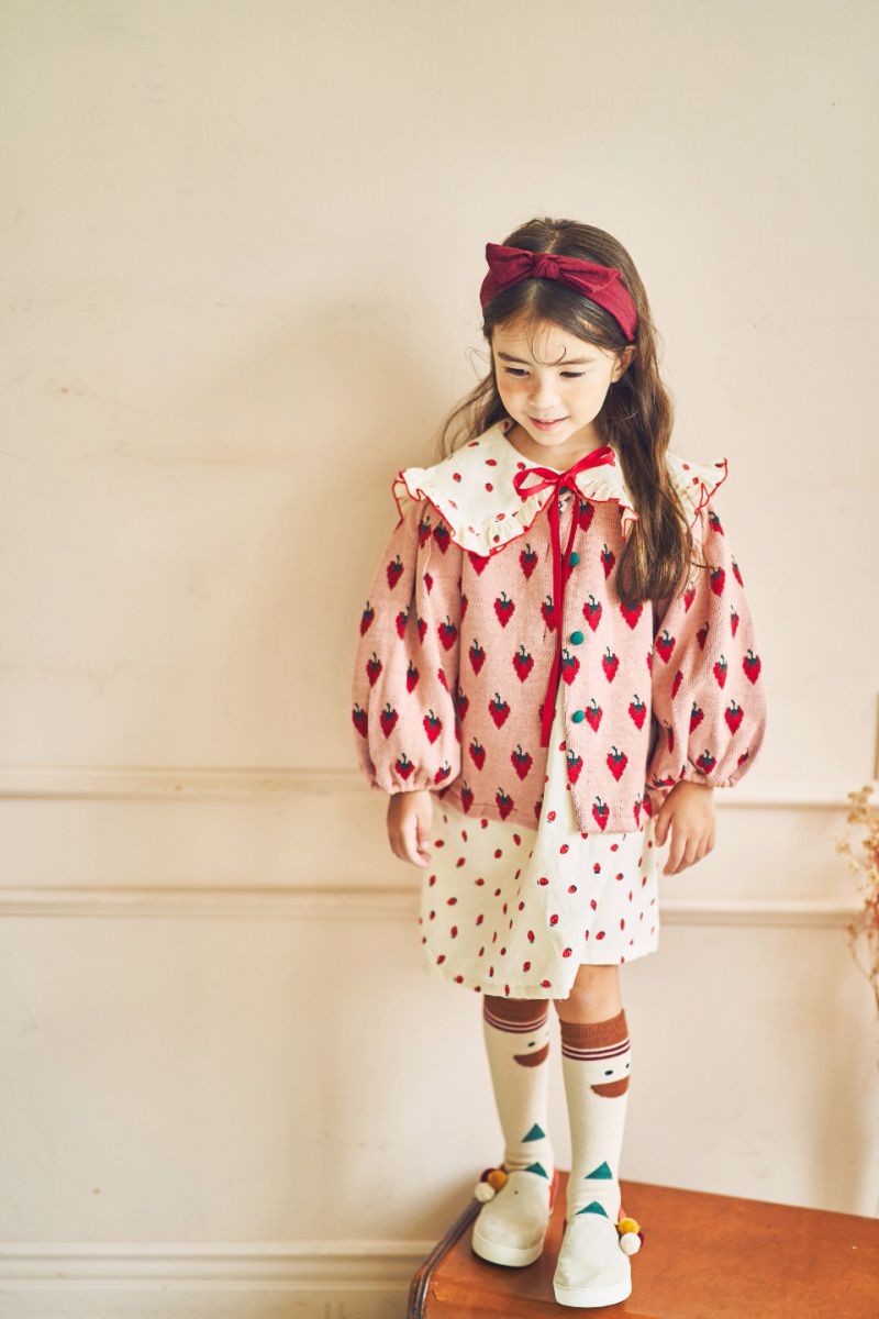 韓國 Mimico - 草莓泡泡袖針織外套-粉紅