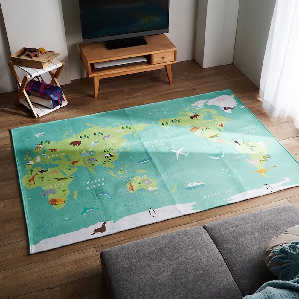 日本千趣會 - 邊學邊玩！可機洗細絨兒童地毯-世界地圖(彩色) (120×180cm)