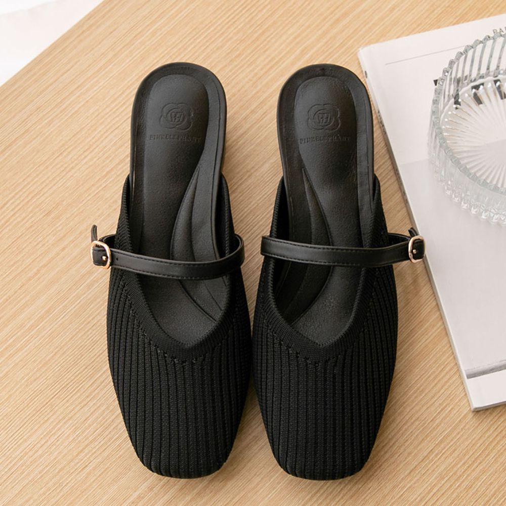 韓國 PINKELEPHANT - 秋日感針織面低跟穆勒鞋(4cm)-黑