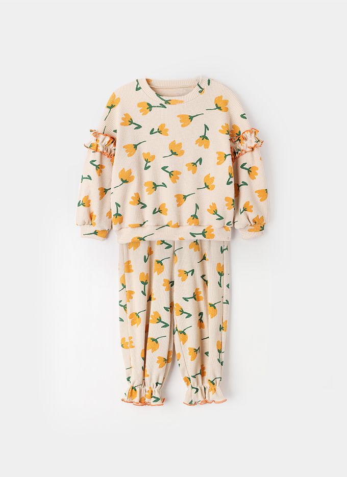 韓國 OZKIZ - 鬱金香鬆餅格紋長袖縮口套裝-紅花