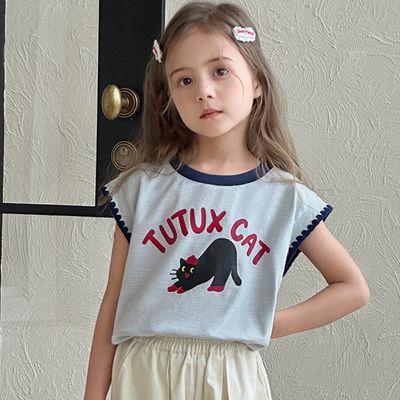 TUTU - 拼色圓領鉤花小飛袖上衣-可愛貓咪-藍色