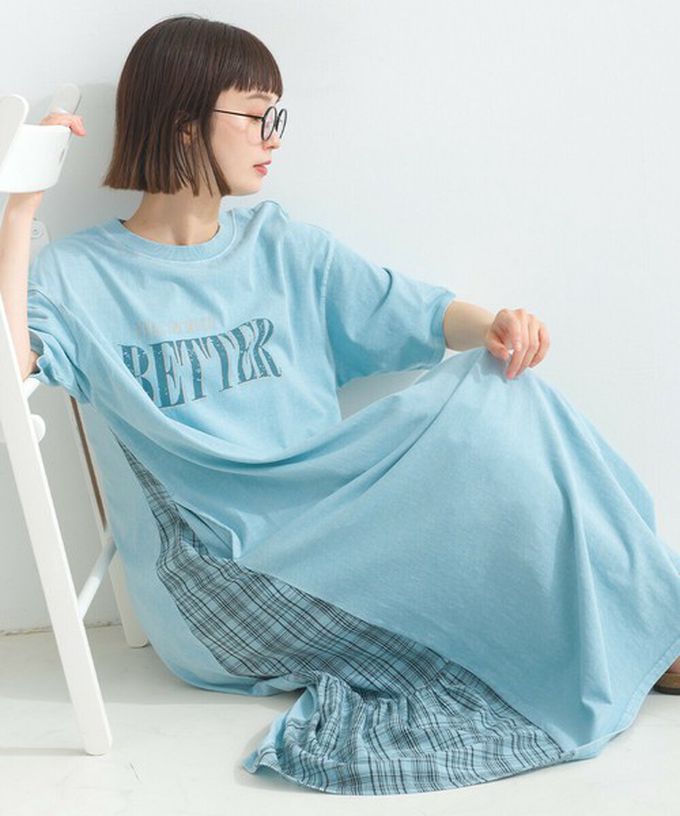 日本 Lupilien - 復古寬鬆格紋拼接短袖洋裝-BETTER-水藍