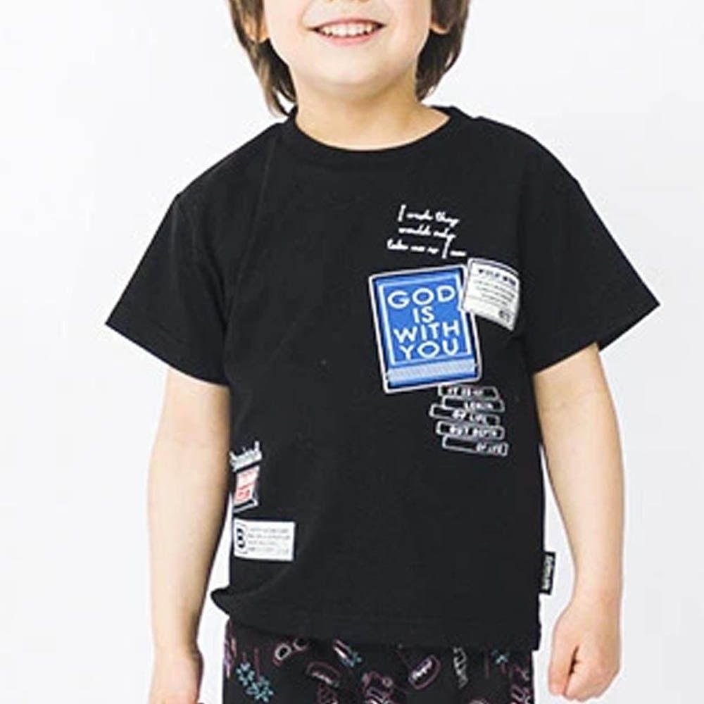 [低價]定番印花短袖上衣-彩色標籤-黑