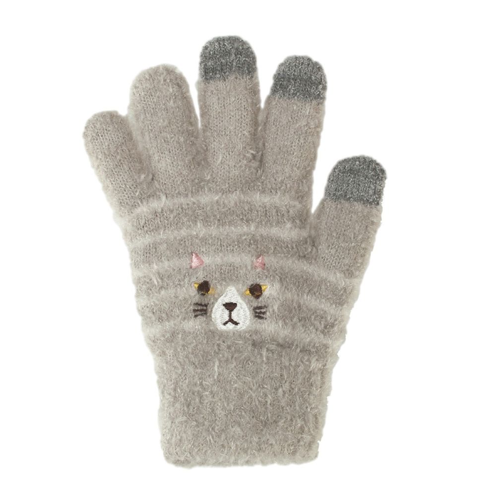 日本 TOMO - (大人)可觸控可愛動物毛絨保暖手套-川貓-灰條紋