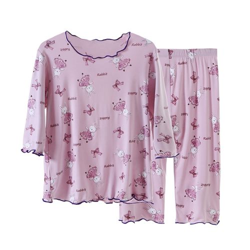 莫代爾七分袖套裝/家居服-滿版舞兔-紫色