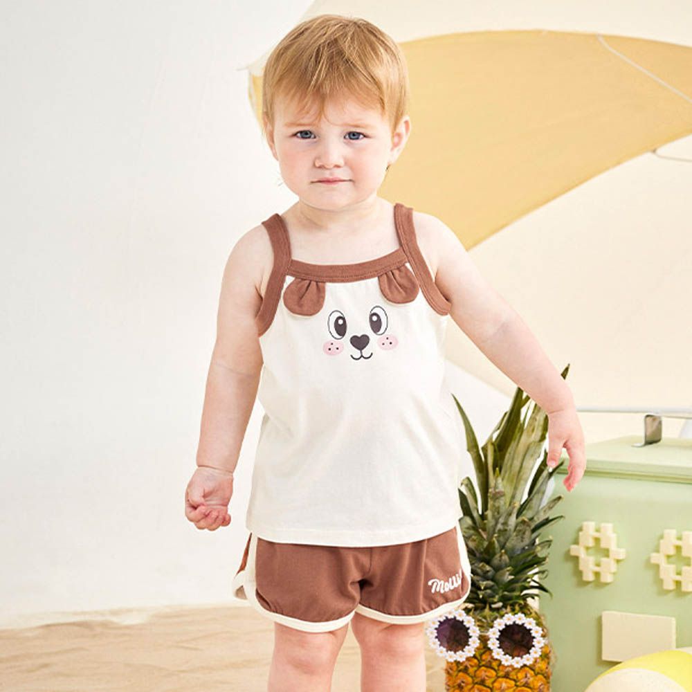 萌萌狗狗純棉細肩帶背心套裝-米X咖啡