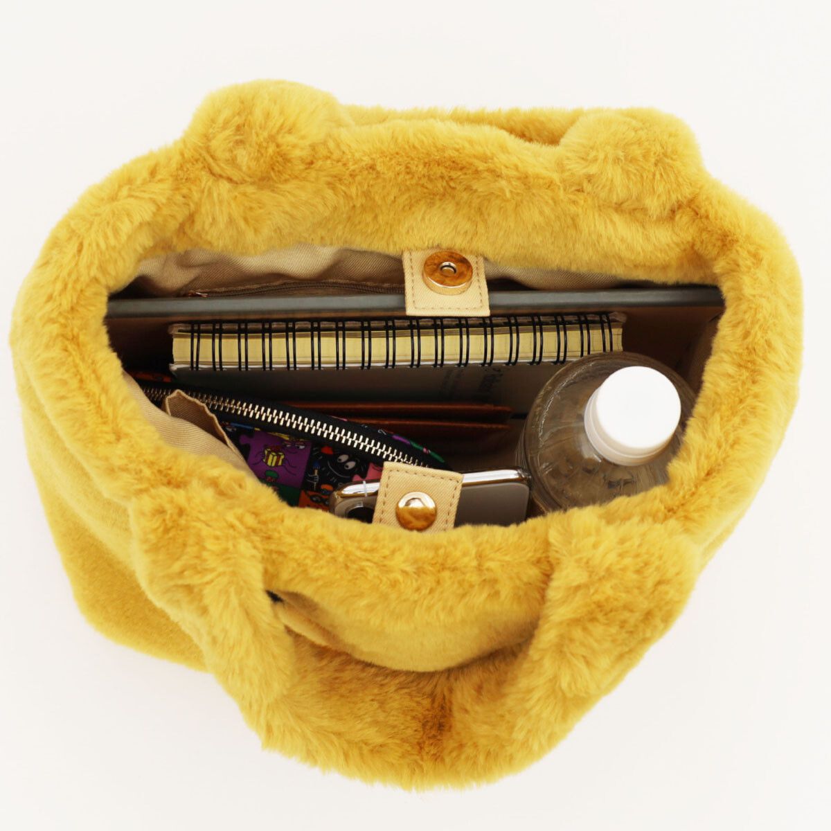 日本 COOCO - SMILEY聯名款 毛絨手提包/托特包(附小包)-芥黃 (W25*H23*D15cm)