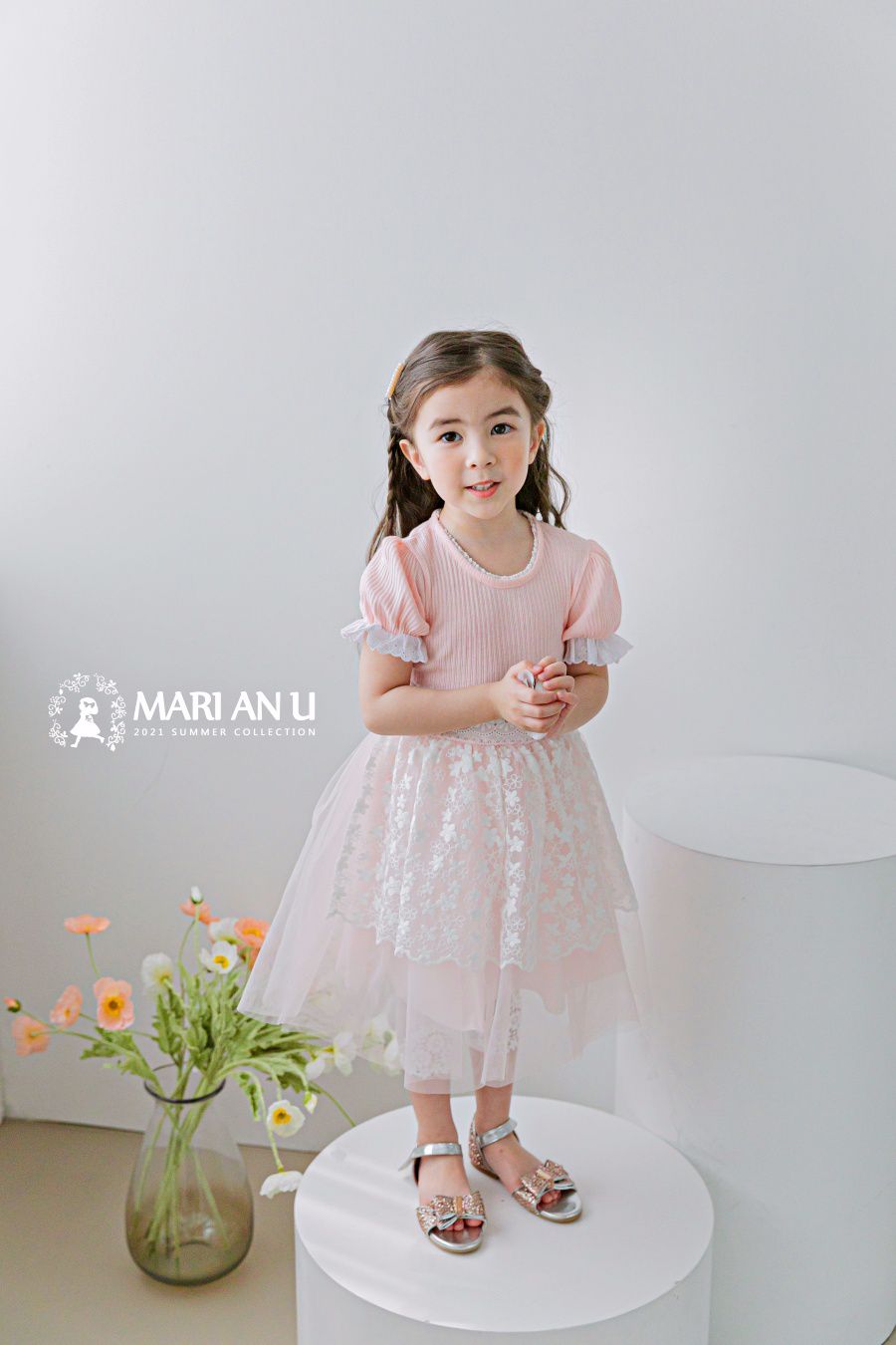 韓國 mari an u - 蕾絲層次紗裙洋裝-粉紅