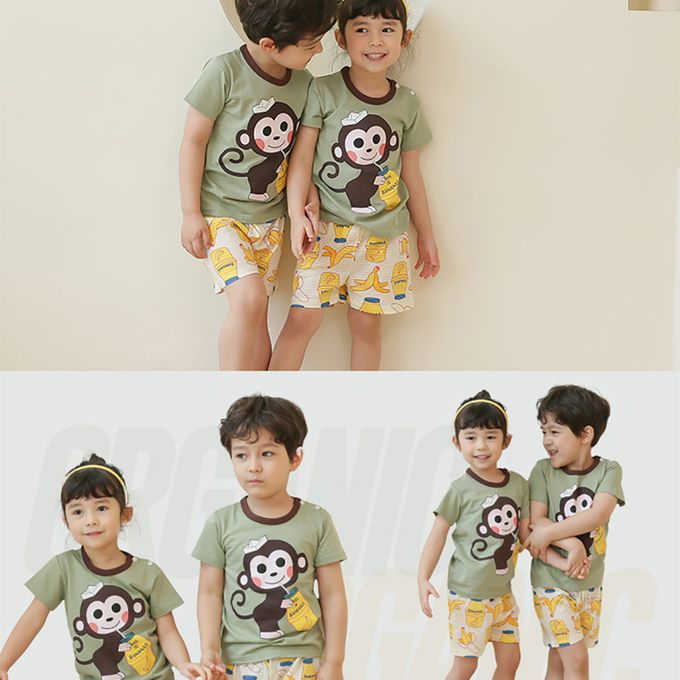 正韓 Puco - 超優質嬰幼兒/兒童短袖100% 有機棉家居服/睡衣-猴子喝香蕉牛奶