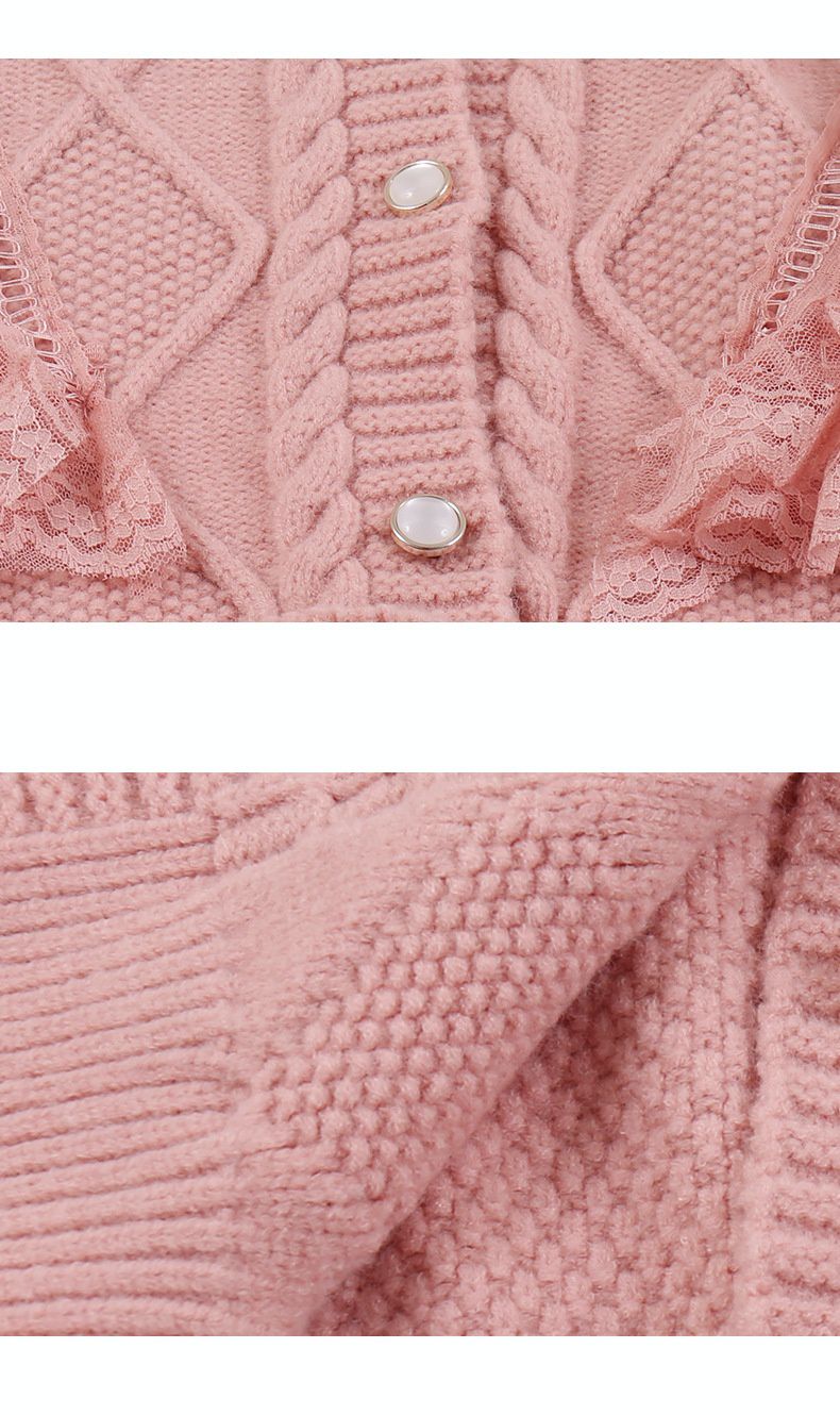 甜美蕾絲花邊針織毛衣外套-米杏