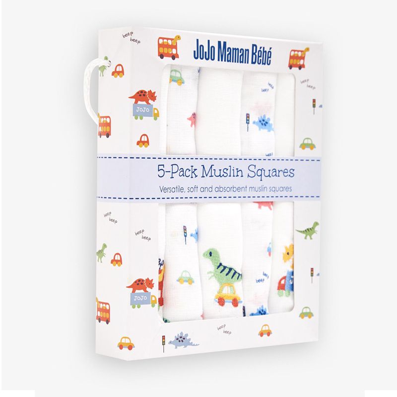 英國 JoJo Maman BeBe - 100% 純棉多功能細紗布包巾/小薄被/拍嗝巾/安撫巾5入組(60*60cm)-恐龍車車