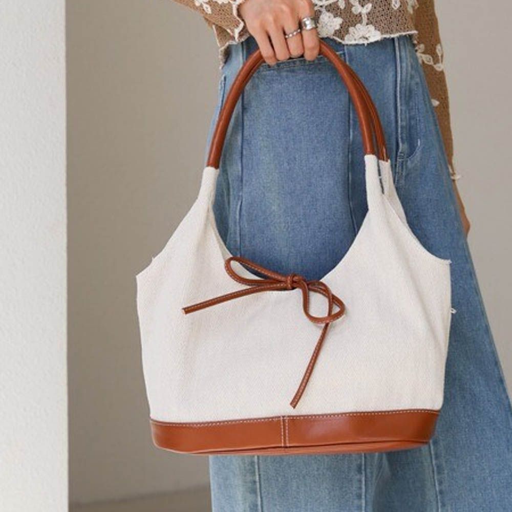 異素材成熟感蝴蝶結氣質手提包-白x焦糖棕