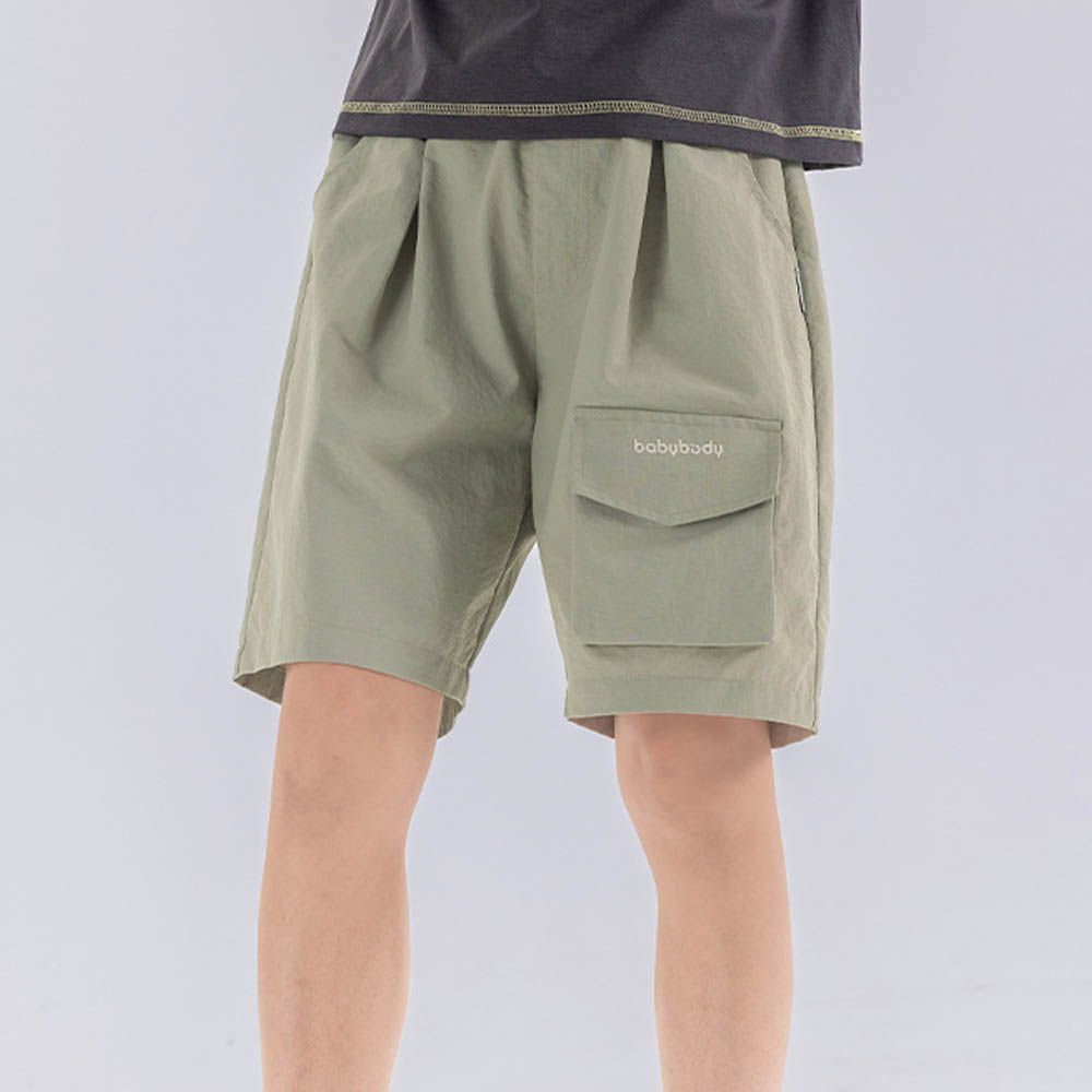 原紗防曬腰鬆緊休閒短褲-造型口袋-灰綠