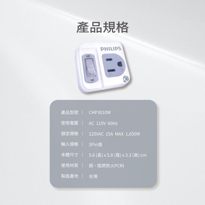 Philips 飛利浦 - 新安規 節能開關 1開1電腦壁插 CHP3010W/96