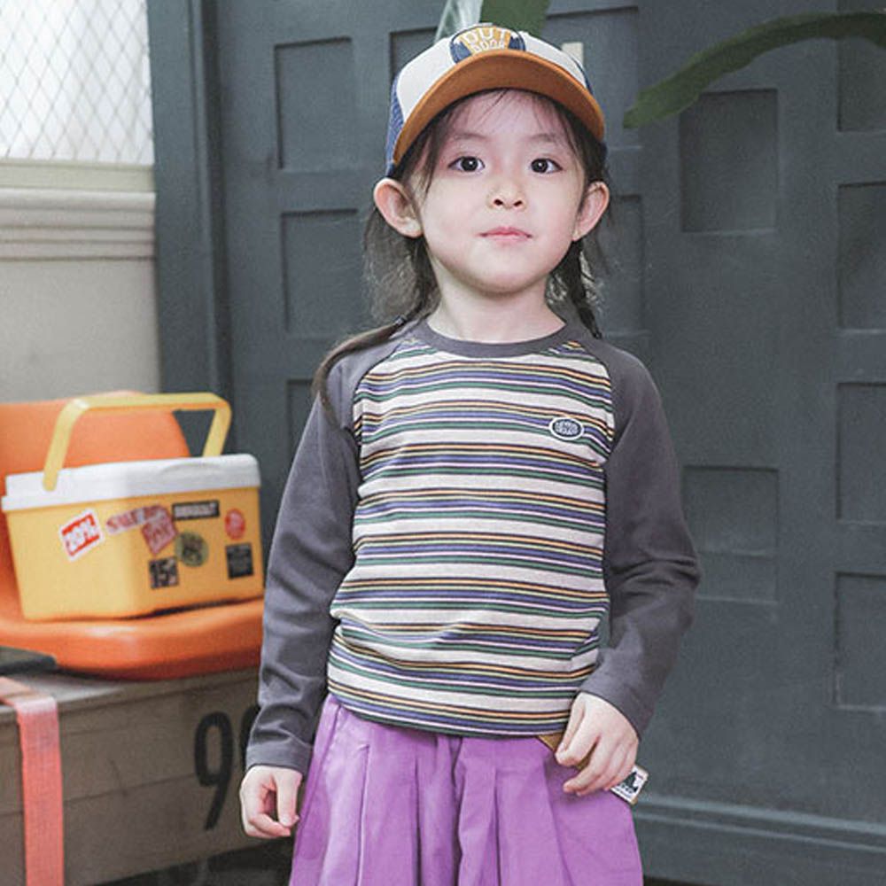 棉質圓領長袖上衣-彩色條紋-卡其灰