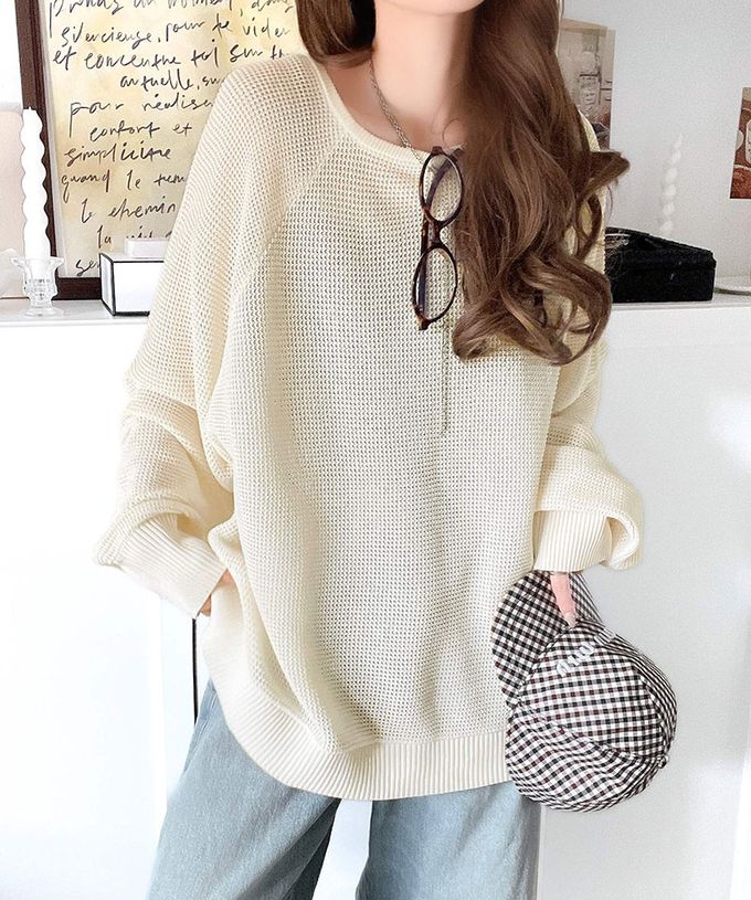 日本 Classical Elf - 透膚華夫格寬大率性長袖上衣-炭灰x米白