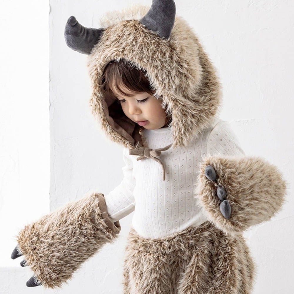 毛茸茸怪物頭套+手套(3件組)-棕 (90-110cm)
