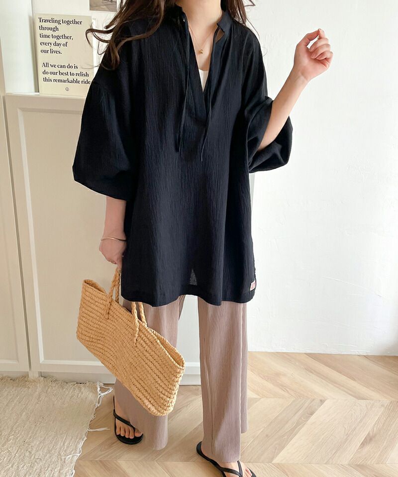 日本 Classical Elf - 溫柔感楊柳細摺綁帶長袖上衣-淺灰棕