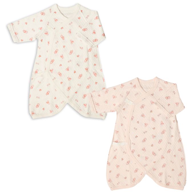 akachan honpo - 長袖新生兒內衣4件組-按扣款 保暖鋪棉 兔子-粉紅色 (50~60cm)