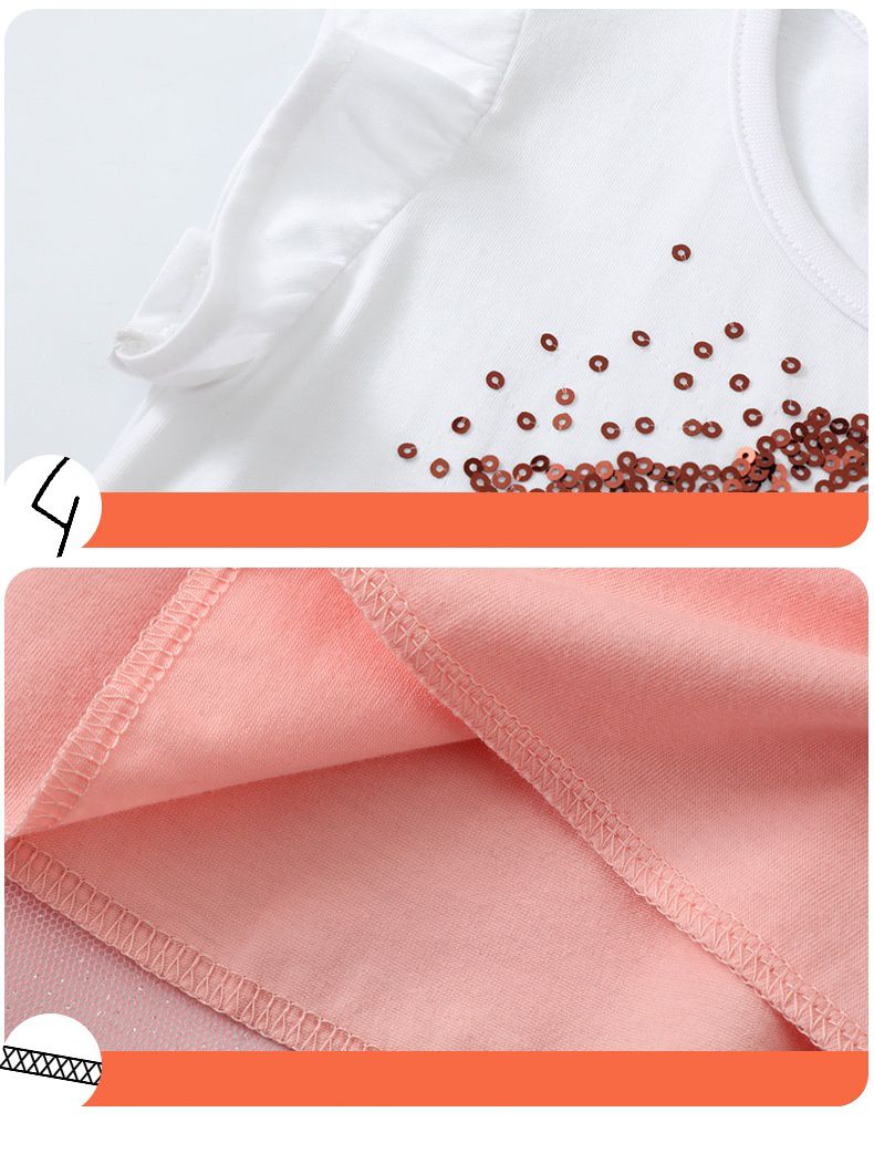 Jumping meters - 棉質圓領小飛袖網紗洋裝-亮片星星-粉+白