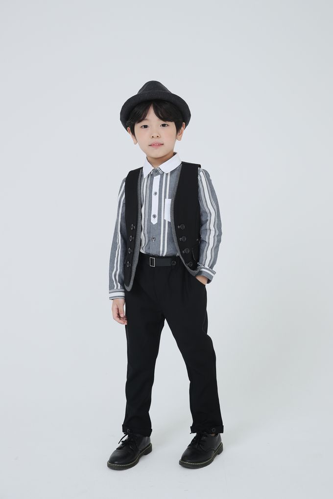 韓國 Coco Bang - 間隔條紋小口袋翻領長袖襯衫-灰