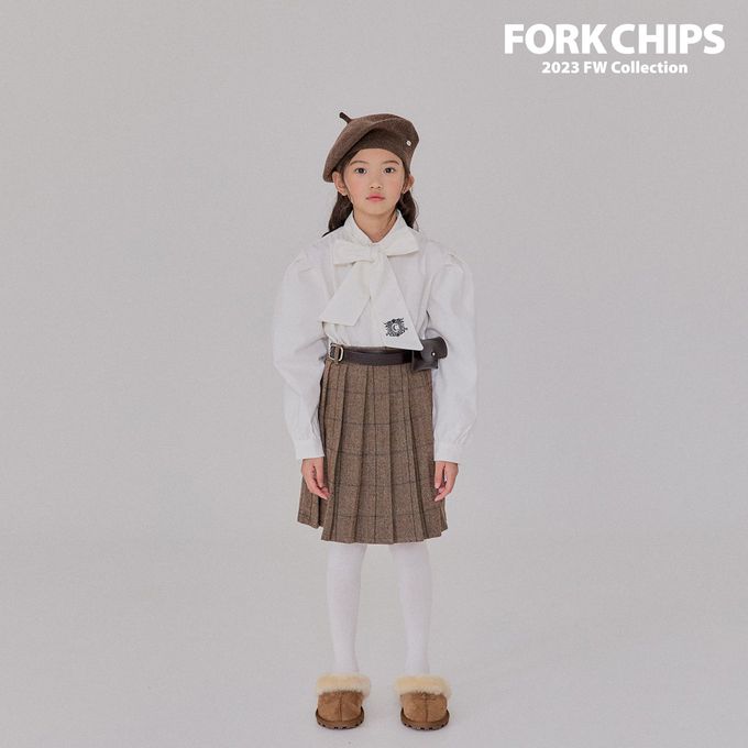 韓國 FORK CHIPS - 鬆緊腰混羊毛經典百褶及膝裙-咖啡棕